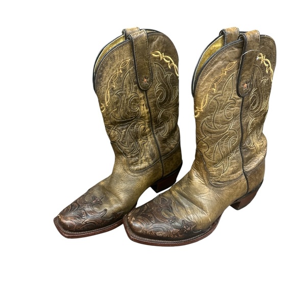 Tony Lama Brown and Gold Heeled Boots - Picture 1 of 8